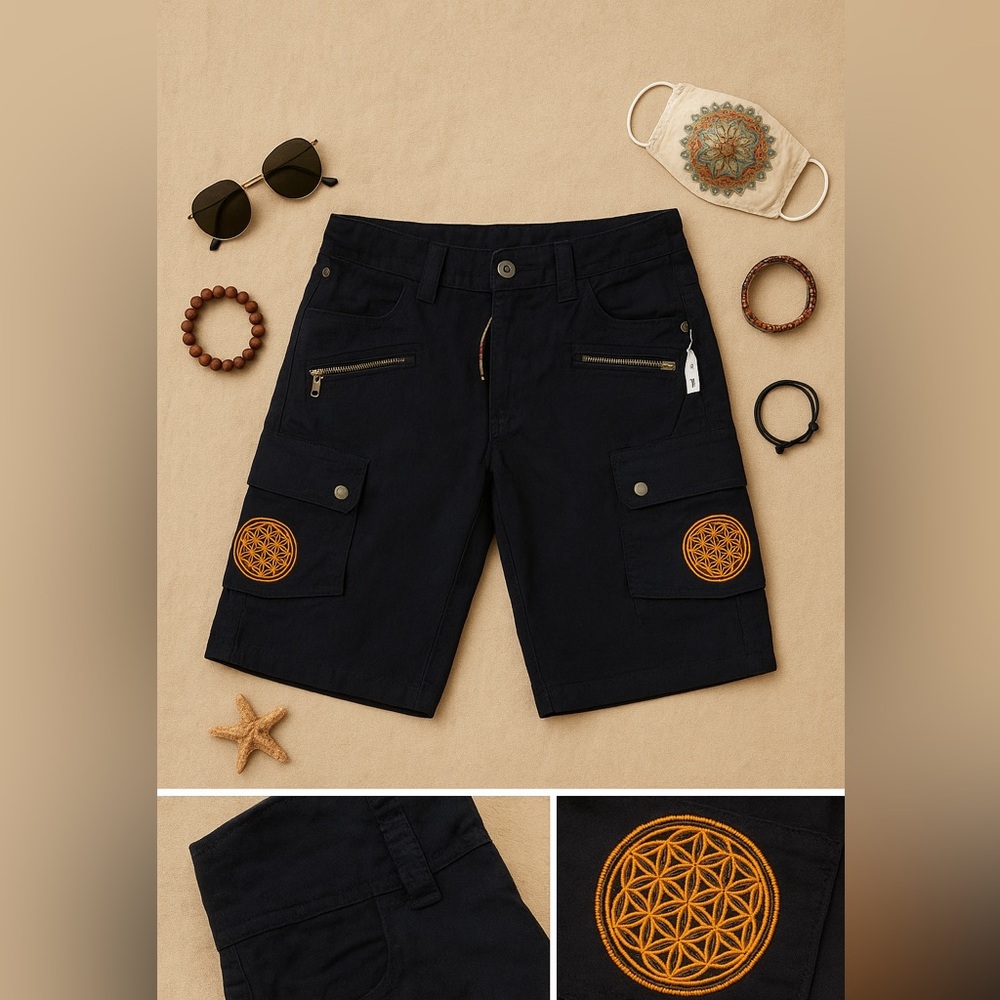 Festival Cargo Shorts w/ Flower of Life Embroidery | Size Large